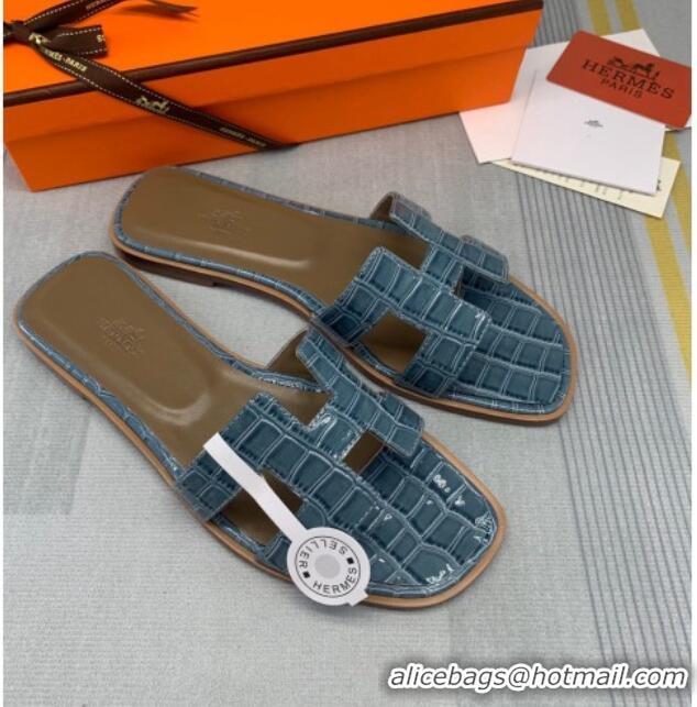 Good Looking Hermes Oran Stone Embossed Leather Flat Slide Sandals 0216114 Light Grey