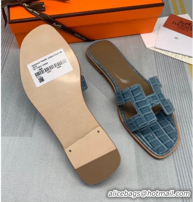 Good Looking Hermes Oran Stone Embossed Leather Flat Slide Sandals 0216114 Light Grey