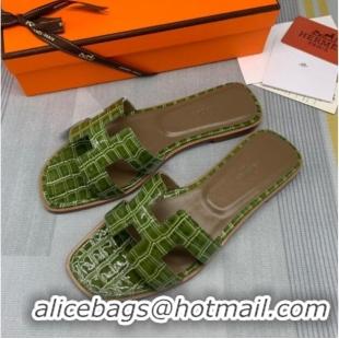 Shop Duplicate Hermes Oran Stone Embossed Leather Flat Slide Sandals 0216114 Army Green