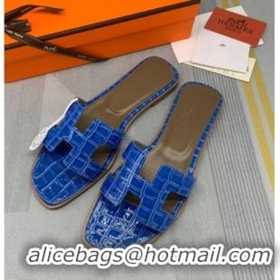 Popular Style Hermes Oran Stone Embossed Leather Flat Slide Sandals 0216114 Blue