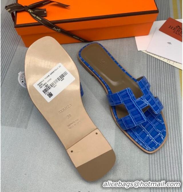 Popular Style Hermes Oran Stone Embossed Leather Flat Slide Sandals 0216114 Blue