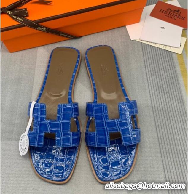 Popular Style Hermes Oran Stone Embossed Leather Flat Slide Sandals 0216114 Blue