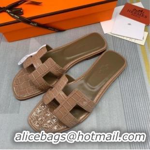 Good Quality Hermes Oran Stone Embossed Leather Flat Slide Sandals 0216114 Dark Apricot