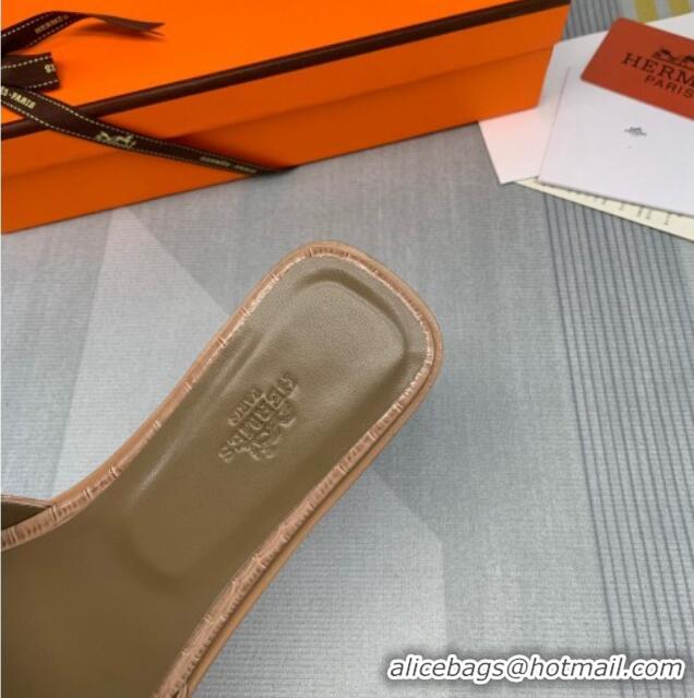 Good Quality Hermes Oran Stone Embossed Leather Flat Slide Sandals 0216114 Dark Apricot