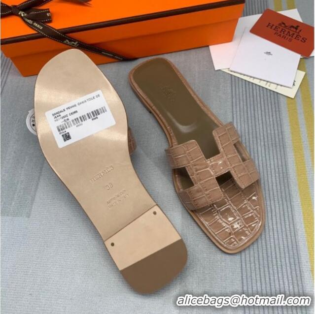 Good Quality Hermes Oran Stone Embossed Leather Flat Slide Sandals 0216114 Dark Apricot