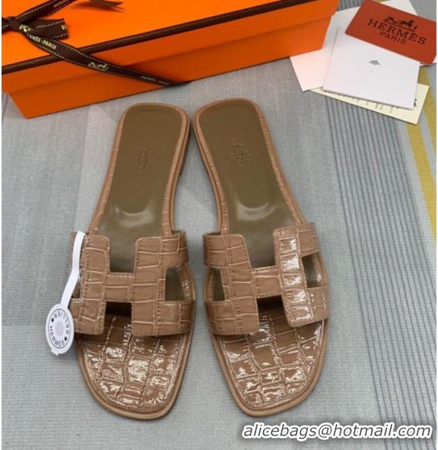 Good Quality Hermes Oran Stone Embossed Leather Flat Slide Sandals 0216114 Dark Apricot