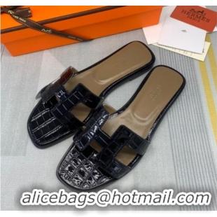 Affordable Price Hermes Oran Stone Embossed Leather Flat Slide Sandals 0216114 Navy Blue