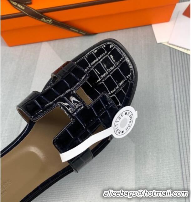 Affordable Price Hermes Oran Stone Embossed Leather Flat Slide Sandals 0216114 Navy Blue