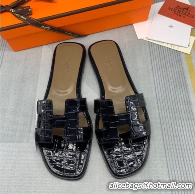 Affordable Price Hermes Oran Stone Embossed Leather Flat Slide Sandals 0216114 Navy Blue