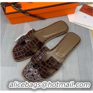 Duplicate Hermes Oran Stone Embossed Leather Flat Slide Sandals 0216114 Coffee Brown