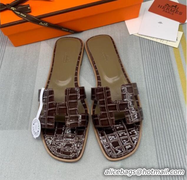 Duplicate Hermes Oran Stone Embossed Leather Flat Slide Sandals 0216114 Coffee Brown