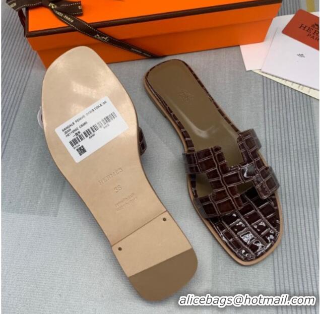 Duplicate Hermes Oran Stone Embossed Leather Flat Slide Sandals 0216114 Coffee Brown