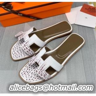 Top Quality Hermes Oran Crocodile Embossed Leather Flat Slide Sandals 0216139 White/Grey