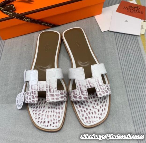 Top Quality Hermes Oran Crocodile Embossed Leather Flat Slide Sandals 0216139 White/Grey