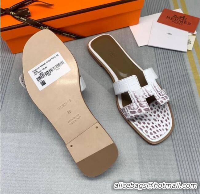 Top Quality Hermes Oran Crocodile Embossed Leather Flat Slide Sandals 0216139 White/Grey