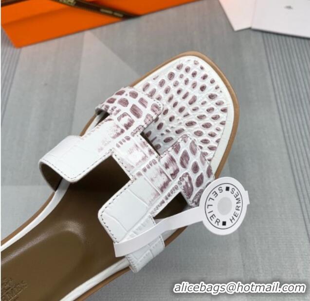 Top Quality Hermes Oran Crocodile Embossed Leather Flat Slide Sandals 0216139 White/Grey