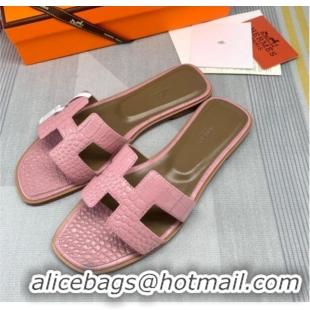 Discount Hermes Oran Crocodile Embossed Leather Flat Slide Sandals 0216139 Pink