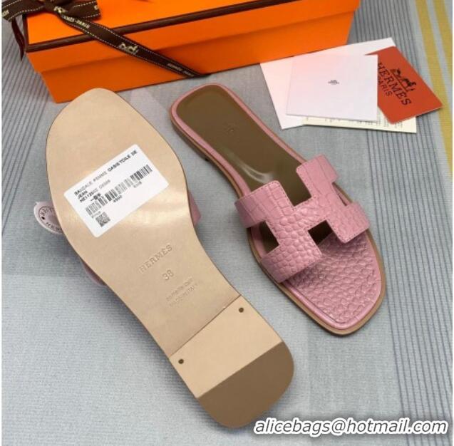 Discount Hermes Oran Crocodile Embossed Leather Flat Slide Sandals 0216139 Pink