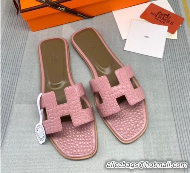 Discount Hermes Oran Crocodile Embossed Leather Flat Slide Sandals 0216139 Pink