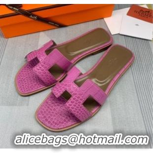 Duplicate Hermes Oran Crocodile Embossed Leather Flat Slide Sandals 0216139 Fuchsia