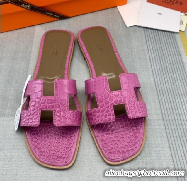 Duplicate Hermes Oran Crocodile Embossed Leather Flat Slide Sandals 0216139 Fuchsia