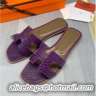 Good Product Hermes Oran Crocodile Embossed Leather Flat Slide Sandals 0216139 Purple