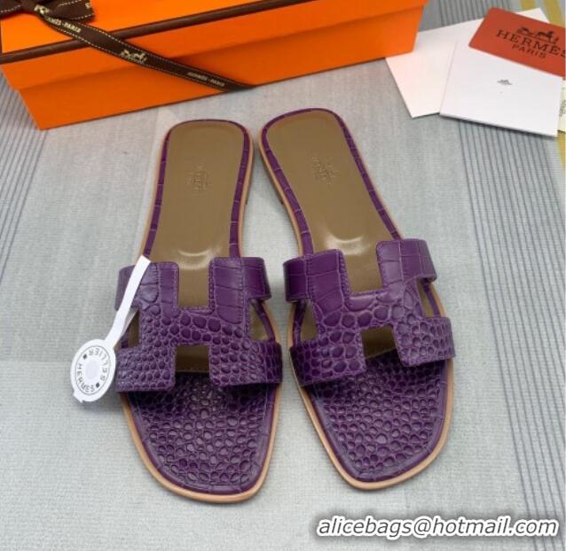 Good Product Hermes Oran Crocodile Embossed Leather Flat Slide Sandals 0216139 Purple