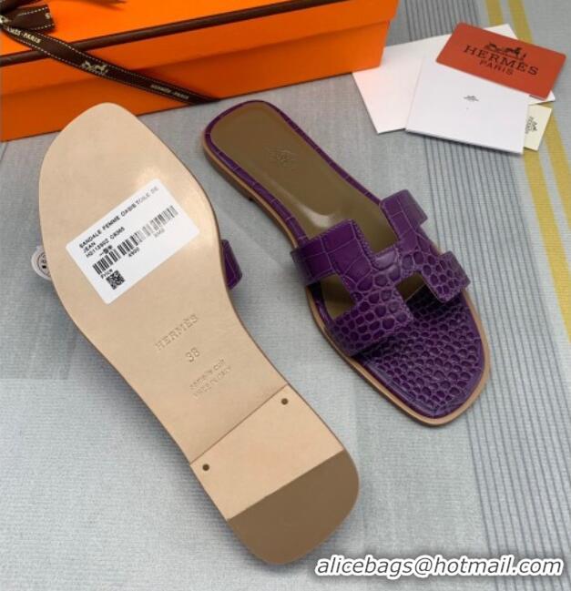 Good Product Hermes Oran Crocodile Embossed Leather Flat Slide Sandals 0216139 Purple