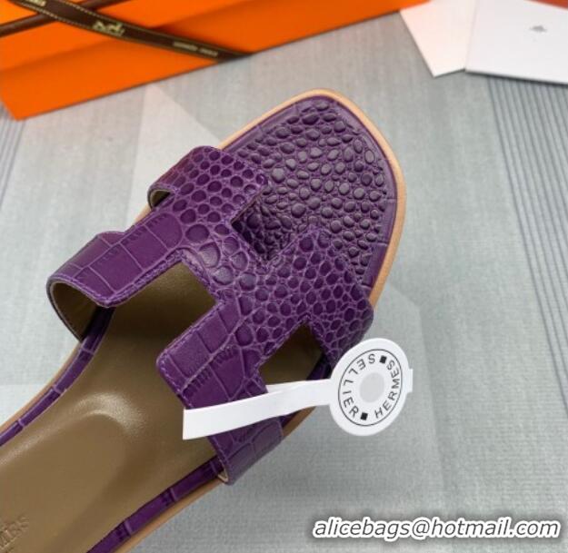 Good Product Hermes Oran Crocodile Embossed Leather Flat Slide Sandals 0216139 Purple