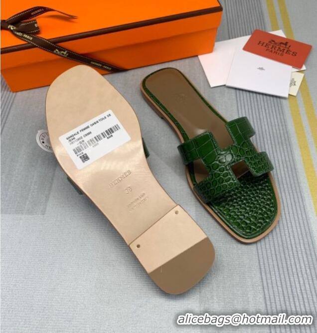 Super Quality Hermes Oran Crocodile Embossed Leather Flat Slide Sandals 0216139 Green