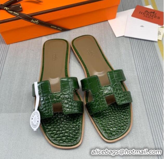 Super Quality Hermes Oran Crocodile Embossed Leather Flat Slide Sandals 0216139 Green