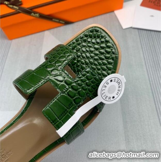 Super Quality Hermes Oran Crocodile Embossed Leather Flat Slide Sandals 0216139 Green