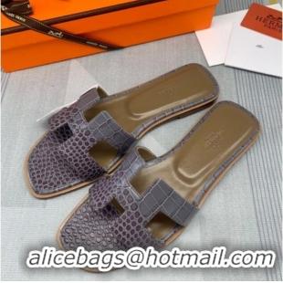 Top Quality Hermes Oran Crocodile Embossed Leather Flat Slide Sandals 0216139 Grey