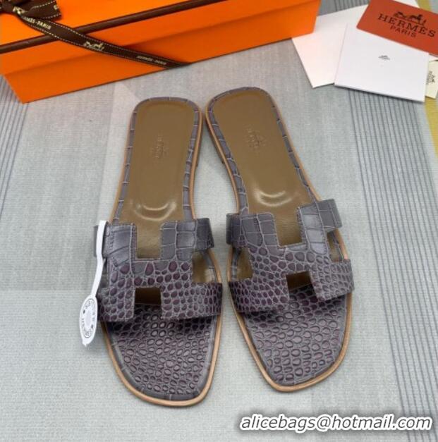 Top Quality Hermes Oran Crocodile Embossed Leather Flat Slide Sandals 0216139 Grey