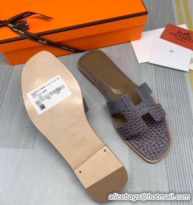 Top Quality Hermes Oran Crocodile Embossed Leather Flat Slide Sandals 0216139 Grey