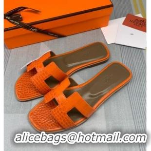 Charming Hermes Oran Crocodile Embossed Leather Flat Slide Sandals 0216132 Orange