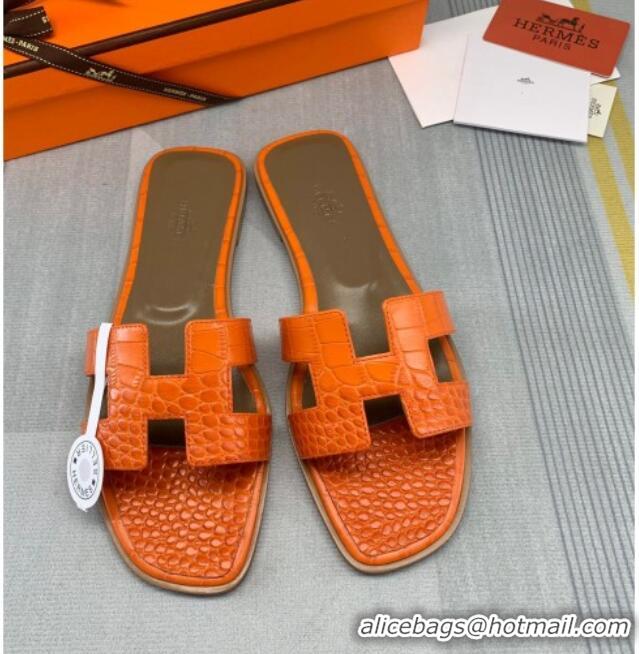 Charming Hermes Oran Crocodile Embossed Leather Flat Slide Sandals 0216132 Orange