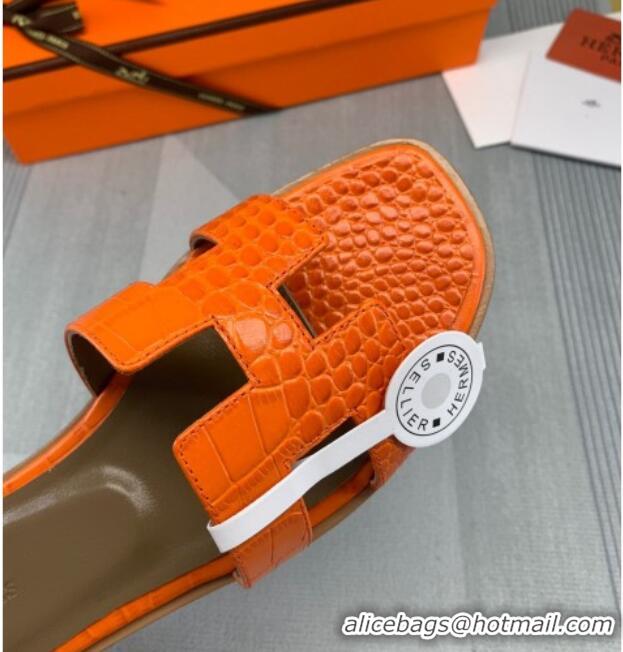 Charming Hermes Oran Crocodile Embossed Leather Flat Slide Sandals 0216132 Orange