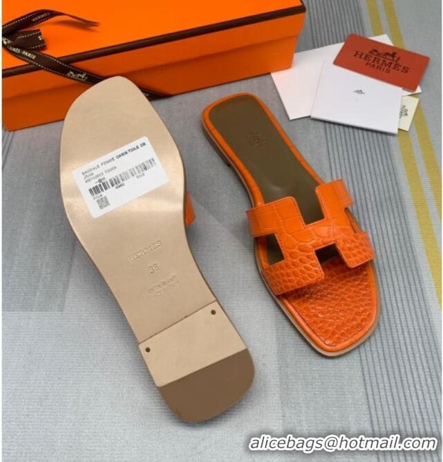 Charming Hermes Oran Crocodile Embossed Leather Flat Slide Sandals 0216132 Orange