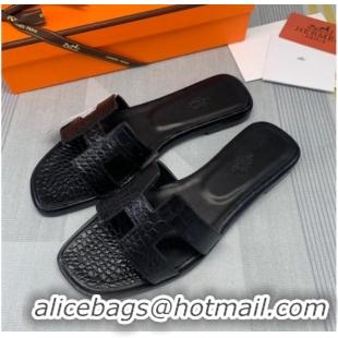 Grade Quality Hermes Oran Crocodile Embossed Leather Flat Slide Sandals 0216132 Black