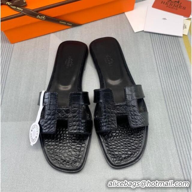 Grade Quality Hermes Oran Crocodile Embossed Leather Flat Slide Sandals 0216132 Black