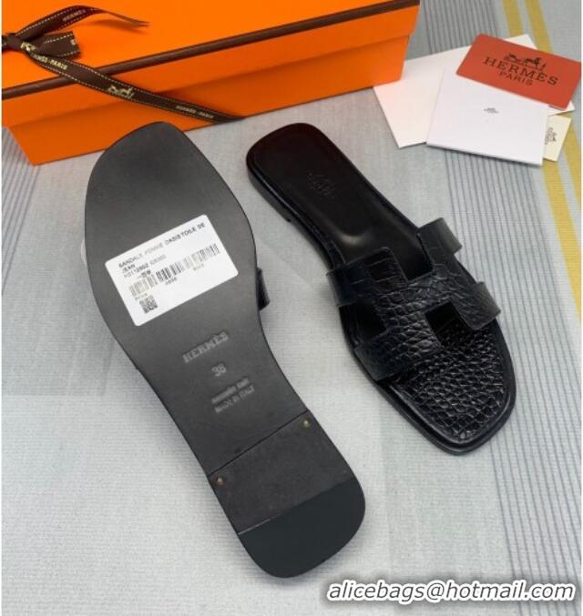 Grade Quality Hermes Oran Crocodile Embossed Leather Flat Slide Sandals 0216132 Black