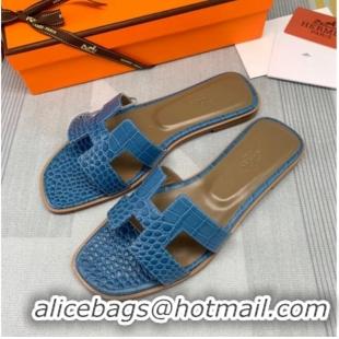 Luxury Hermes Oran Crocodile Embossed Leather Flat Slide Sandals 0216132 Blue