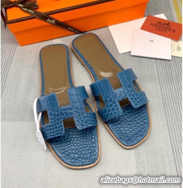 Luxury Hermes Oran Crocodile Embossed Leather Flat Slide Sandals 0216132 Blue