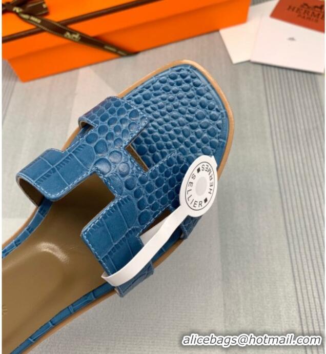 Luxury Hermes Oran Crocodile Embossed Leather Flat Slide Sandals 0216132 Blue