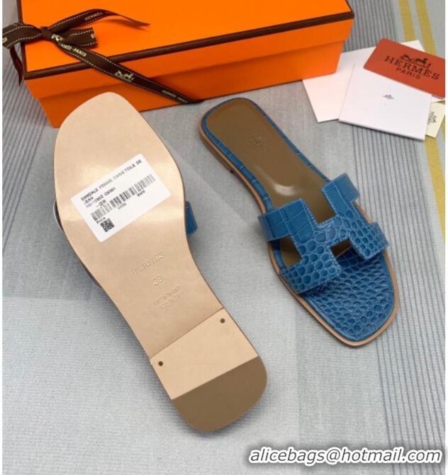 Luxury Hermes Oran Crocodile Embossed Leather Flat Slide Sandals 0216132 Blue