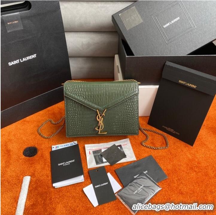 Inexpensive SAINT LAURENT CASSANDRA MEDIUM CHAIN BAG IN CROCODILE EMBOSSED SHINY LEATHER 532750 green