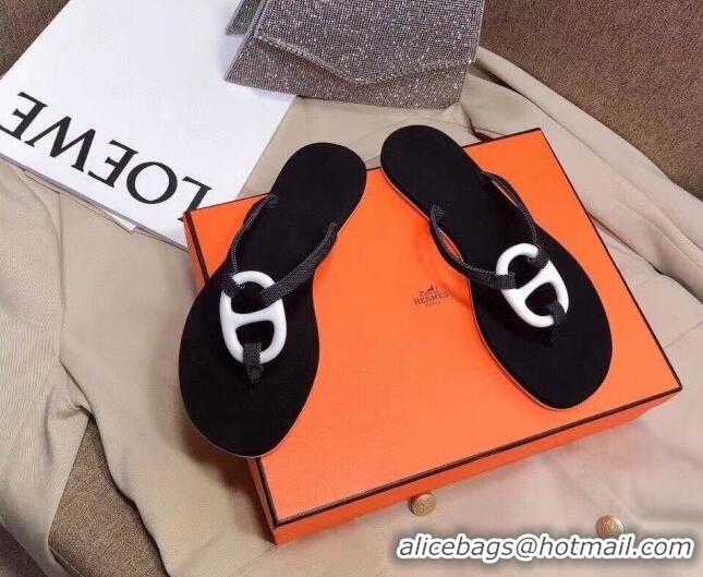 Grade Quality Hermes Beach Thong Slide Sandals 021713 Black/White