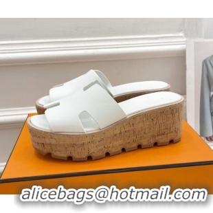 Best Grade Hermes Calfskin Wedge Slide Sandals 030712 White