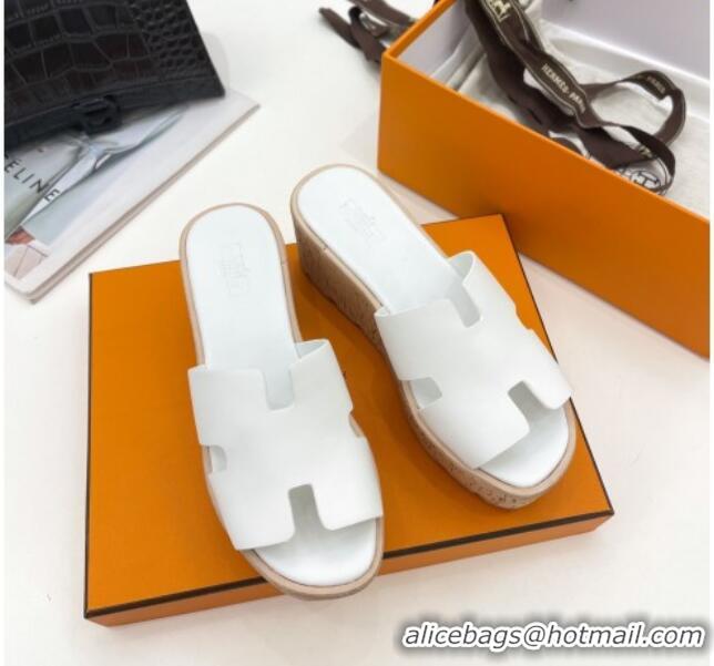 Best Grade Hermes Calfskin Wedge Slide Sandals 030712 White